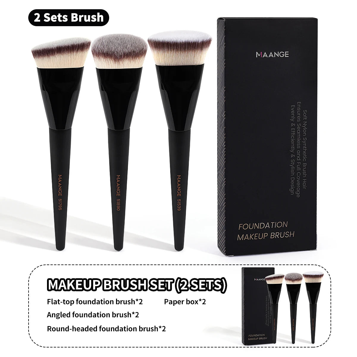 MAANGE 3pcs Makeup Brush Set Angle Round Flat Head Foundation Brush Soft Bristle With Box Skin-friendly Makeup Tool for Beauty